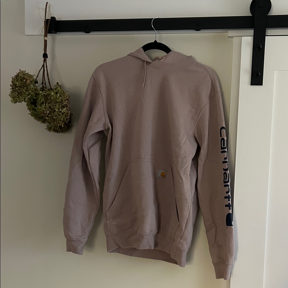 Carhartt Tan Hoodie with Navy Sleeve Logo